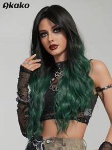 AKAKO Tóc giả màu xanh lá cây đậm ombre cho phụ nữ tóc giả xoăn gợn sóng dài thêm với mái che trông tự nhiên thời trang bằng sợi tổng hợp tóc giả màu trang phục cho bé gái sử dụng trong tiệc Giáng sinh dài 30 inch / 76 cm - Màu xanh lá cây đậm - Xem 4