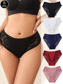 5 条装 女式蕾丝拼接透气舒适棉质三角裤/内裤 - 彩色 - 查看 4