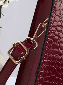 经典纯色单肩包，优雅鳄鱼纹顶部提手女士手提包，史上最佳母亲节礼物 - 酒紅色 - 查看 8