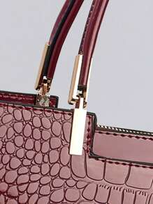 经典纯色单肩包，优雅鳄鱼纹顶部提手女士手提包，史上最佳母亲节礼物 - 酒紅色 - 查看 9