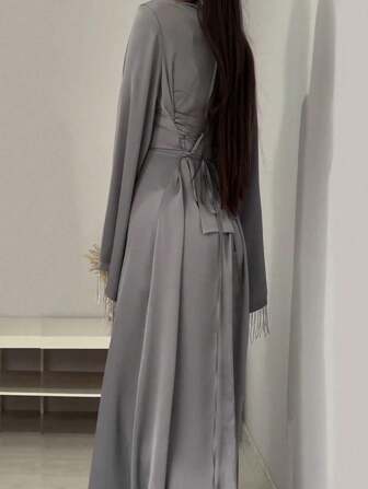 Women's Stand Collar Flare Sleeve Drawstring Waist Long Arabic Style Dress