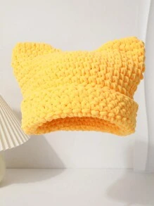 1 pieza Gorro de punto hecho a mano de unicolor con orejas de gato, nuevo gorro de punto grueso para protección de orejas en otoño/invierno, sombrero versátil y de moda único para mujer