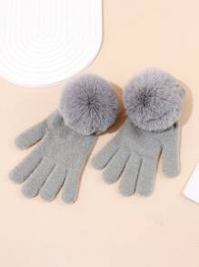 1 Pair Girls' Fingerless Gloves, Warm Knitted Simple Gloves With Faux Fur Pom Pom, Suitable For Autumn/Winter - Fingerless Gloves - View 5
