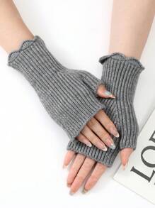 女士针织蕾丝边半露指手套，纯色保暖打字手套，秋冬款 - A - 查看 17