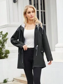 Spring/Autumn Long Sleeve Hooded Waterproof Mid-Long Windbreaker Jacket For Women Outdoor Activities