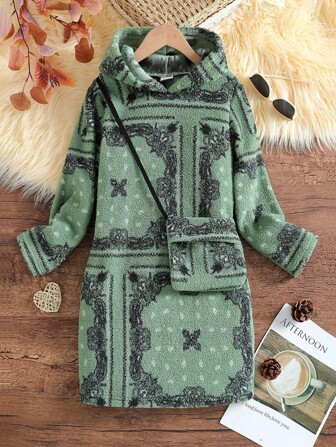女童图腾图案双面绒保暖长袖连帽连衣裙，秋冬礼物+配套迷你斜挎包