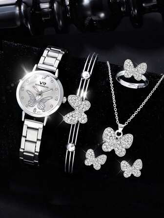 6入組合金蝴蝶石英手錶和珠寶套裝,適合青少年,是給媽媽的完美禮物