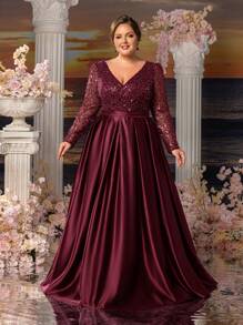 Faeriesty Mosy Plus Long Sleeves Surplice Neck Stain Hem Mother Of The Bride Dresses