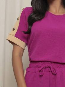 Trouser And Blouse Set With Button Detail On The Sleeves - Purple - View 5