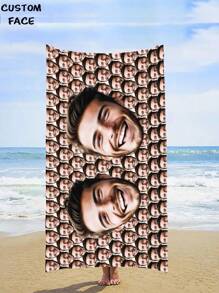 1pc Customized Photo Funny Face Personalized Beach Towel, Personalized Name Bath Towel, Customized Swimming Pool Towel, Beach Blanket, Outdoor Birthday Holiday Gift Summer Bathroom DecorTravel Essentials Travel Accessories Beach Essentials