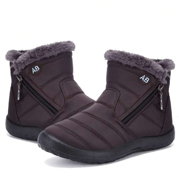 Damen Thermisch gefütterte High-Top Reißverschluss Schneestiefel, lässige braune kurzschaftige Fellstiefel für Mutter und Mittleres Alter zum Outdoor-Wintergebrauch
