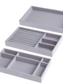 Kit 3 Bandejas de Joia Porta Joia Veludo Organizador Caixa de Joias com Gavetas Compartimentos Multiuso Ideal Para Penteadeira Gaveta Cômoda Armazenamento Acessórios Relógio Pulseira Brinco Anel - Cinza - Visão 6