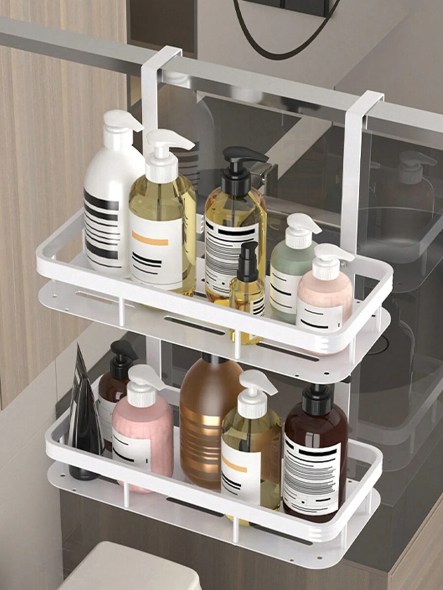1pc Double Layer Wall Mounted Iron Bathroom Storage Rack, Behind The Door Shower Basket, Rust Proof, Modern Design Storage Organization Rack, Easy Installation Saves Space For Bathroom Supplies - Multicolor - View 1