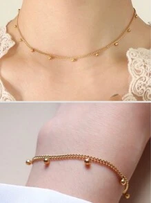 Choker Necklace And Bracelet Kit With Ball Grumet Cord 18k Gold Plated And 925 Silver Durability Up To 3 Months - Vàng - Xem 8