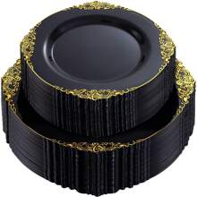 25 piezas Platos transparentes de 7.5 pulgadas/10.25 pulgadas con borde azul y dorado, reutilizables y aptos para lavavajillas, adecuados para reuniones familiares, fiestas, actividades al aire libre, eventos de trabajo en equipo, regalo de Navidad