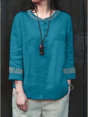 Camisa casual de vacaciones para mujer con cuello redondo y color contrastante tejida