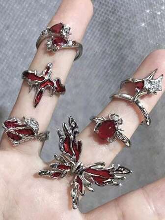 6 件/套不对称红水晶玻璃心形美学戒指女士 Y2K 哥特式动物蜘蛛戒指创意垃圾摇滚珠宝配饰