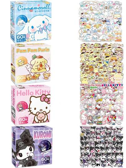 Sanrio 63pcs Sanrio Hello Kitty Animation Stickers, Kawaii Graffiti PVC Waterproof Stickers For Skateboard, Notebook, Bicycle, Laptop, Suitcase, Funny Decal Gift Set