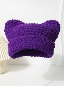 1 pieza Gorro de punto hecho a mano de unicolor con orejas de gato, nuevo gorro de punto grueso para protección de orejas en otoño/invierno, sombrero versátil y de moda único para mujer