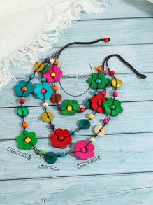 Boho Multi-Layer Colorful Flower Pendant Necklace, Handmade Woven Coconut Shell Fashion Jewelry