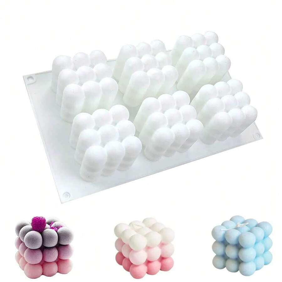 6 腔 3D 魔方形状硅胶烘焙模具,用于慕斯蛋糕、巧克力硅胶模具、法式甜点模具,用于糕点巧克力、可重复使用的不粘易脱模烘焙模具 - 白色 - 查看 1