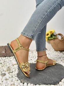 Plus Size Women's Flat Sandals, Size 36-43, Wide Fit For Broad Feet, Summer New Casual Comfortable Strap Sandals For Size 41-42 - Gold - View 5