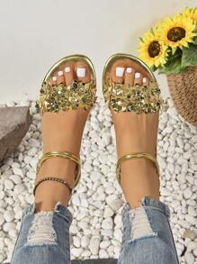 Plus Size Women's Flat Sandals, Size 36-43, Wide Fit For Broad Feet, Summer New Casual Comfortable Strap Sandals For Size 41-42 - Gold - View 3