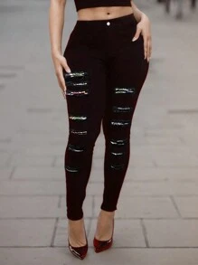 Women's High Waist Plus Size Tight Fitting Pants, Ripped Elastic Print Patchwork Fashionable Jeans, Women's Clothing & Denim