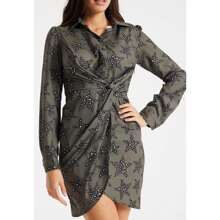 Womens Mini Dress With Long Sleeves And Twisted Front Detail In Khaki - Leopard Star Print By Liquorish