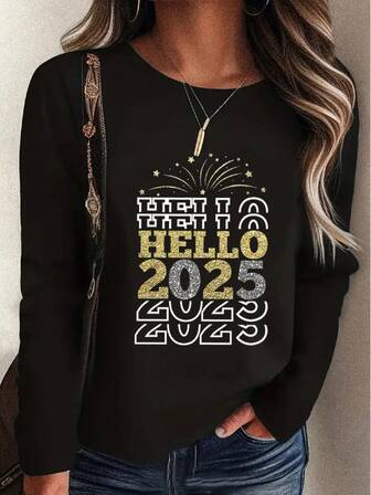 2025 Print Pattern, Black Long-Sleeved Casual Top T-Shirt, Autumn And Winter, Women's Clothing