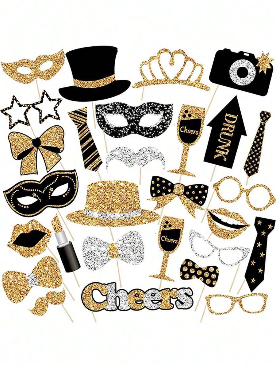 30 sztuk czarnych złotych rekwizytów do fotobudki na urodziny, wesela, bal maturalny, noworoczne artykuły imprezowe, kapelusze, szminka, krawat, korona