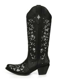 Women's Rhinestones Western Knee High Boots, Embroidery Pointed Toe Chunky Block Heel Cowboy Cowgirl Mid Calf Boots With Pull On Taps - 黑色 - 查看 9