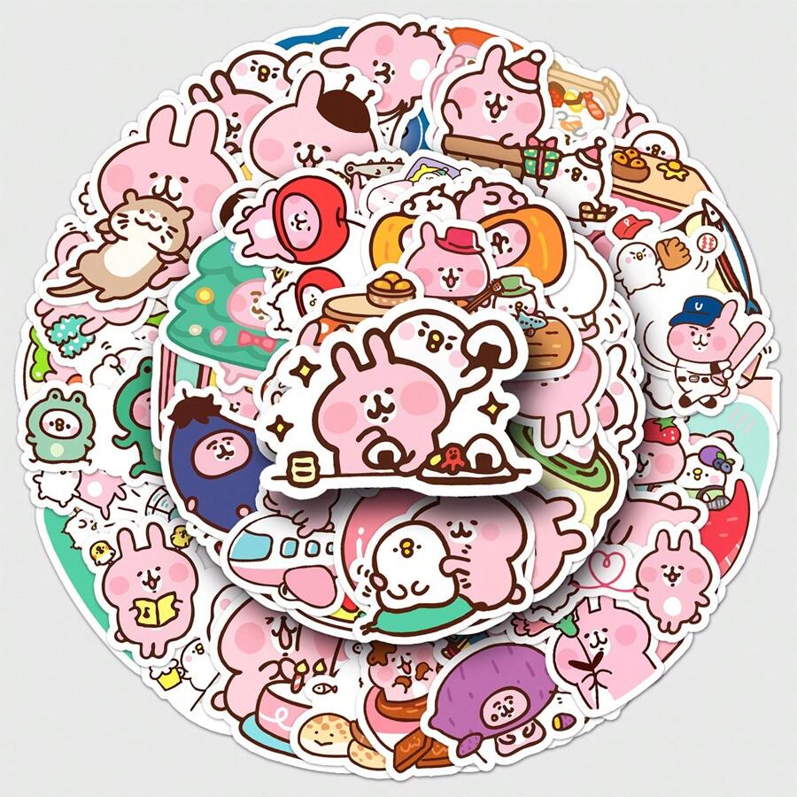 52 个装可爱粉色小兔子 Kanahei 小表情卡通创意贴纸适用于平板电脑、装饰 - 彩色 - 查看 1