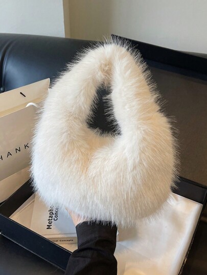 Burgundy Fluffy Handbag, Women Shoulder Tote Bag, Perfectly Matching With Fall Outfits Womenfall Clothes For Women, New Arrival Fur Bag For Women