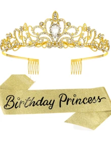 2pcs/Set Rhinestone Crystal Rose Gold Silver Crown Tiara Birthday Princess Gold Onion Glitter Sash Ribbon And Crown For Women Birthday Princess Party Decorations Accessories The Wedding Party. Bridal Headwear. Bachelorette Party Lady Headwear Decoration Courtship Valentine's Headdress Decoration