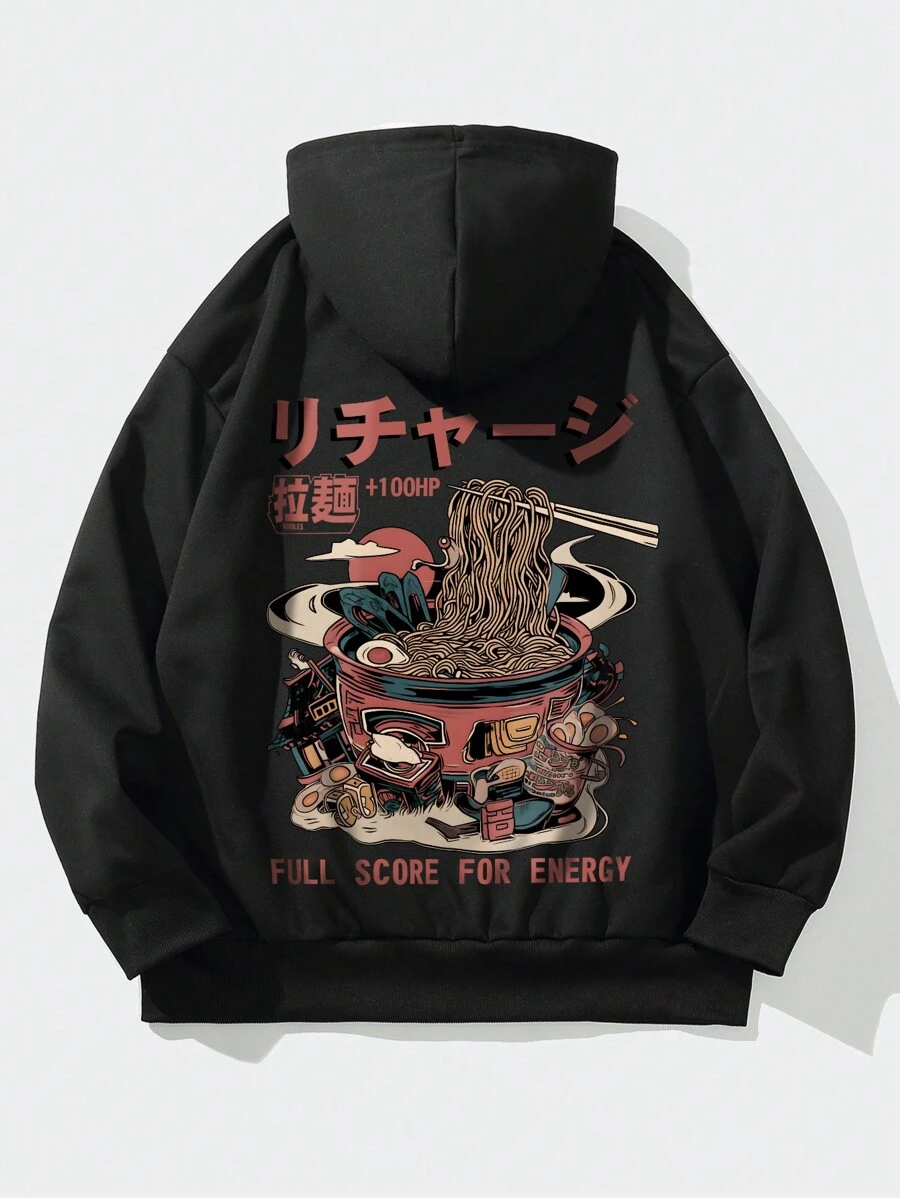 Shwiy 男士时尚街头休闲常规厚度抽绳口袋夹克，复古拉面印花卡通字母图案连帽衫，适合春秋季穿着 - 黑色 - 查看 1