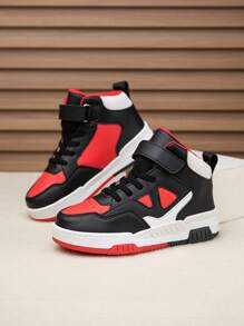 1 Cặp Giày thể thao đế cao màu tương phản thường ngày cho trẻ em có móc và vòng, phù hợp cho trẻ em, giày thể thao mọi mùa - Đỏ - Xem 6