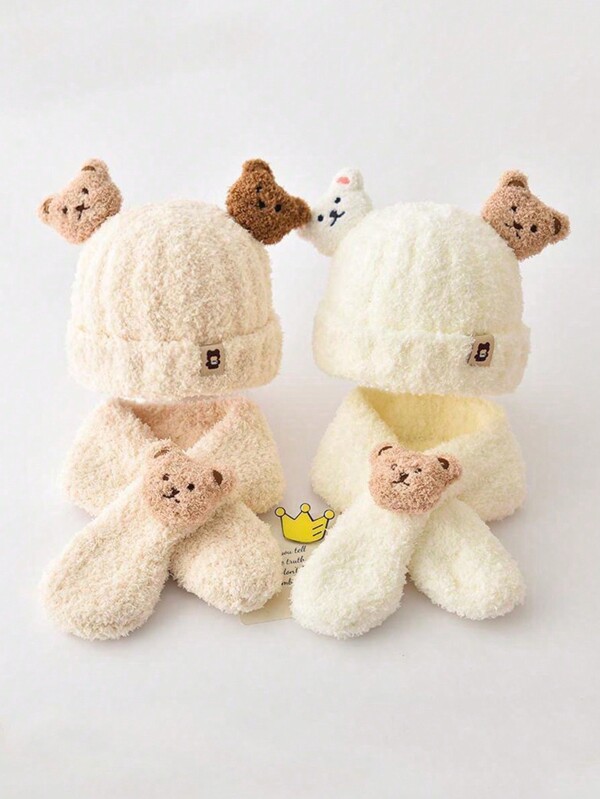 2pcs Baby Cozy Winter Hat And Scarf Set, Cute Bear Design