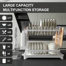 1pc 2-Tier Steel Dish Drying Rack - Includes Utensil Holder, Cup Holder, Extra Drying Mat - Space Saving, Rust-Proof, Durable And Easy To Clean Kitchen Organizer; Sturdy Stable Dish Rack; Can Be Used To Store Bowls, Plates, Cups, Knives; Kitchen Shelving Unit