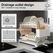 1pc 2-Tier Steel Dish Drying Rack - Includes Utensil Holder, Cup Holder, Extra Drying Mat - Space Saving, Rust-Proof, Durable And Easy To Clean Kitchen Organizer; Sturdy Stable Dish Rack; Can Be Used To Store Bowls, Plates, Cups, Knives; Kitchen Shelving Unit