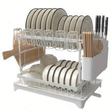 1pc 2-Tier Steel Dish Drying Rack - Includes Utensil Holder, Cup Holder, Extra Drying Mat - Space Saving, Rust-Proof, Durable And Easy To Clean Kitchen Organizer; Sturdy Stable Dish Rack; Can Be Used To Store Bowls, Plates, Cups, Knives; Kitchen Shelving Unit