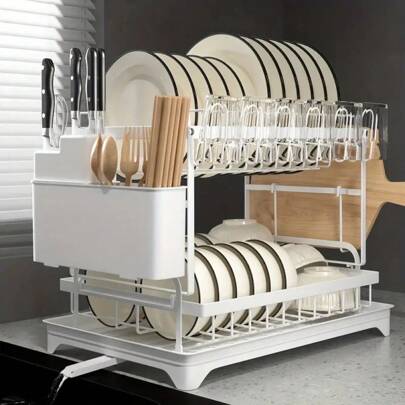 1pc 2-Tier Steel Dish Drying Rack - Includes Utensil Holder, Cup Holder, Extra Drying Mat - Space Saving, Rust-Proof, Durable And Easy To Clean Kitchen Organizer; Sturdy Stable Dish Rack; Can Be Used To Store Bowls, Plates, Cups, Knives; Kitchen Shelving Unit
