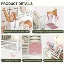 1pc 2-Tier Steel Dish Drying Rack - Includes Utensil Holder, Cup Holder, Extra Drying Mat - Space Saving, Rust-Proof, Durable And Easy To Clean Kitchen Organizer; Sturdy Stable Dish Rack; Can Be Used To Store Bowls, Plates, Cups, Knives; Kitchen Shelving Unit