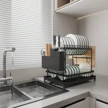 1pc 2-Tier Steel Dish Drying Rack - Includes Utensil Holder, Cup Holder, Extra Drying Mat - Space Saving, Rust-Proof, Durable And Easy To Clean Kitchen Organizer; Sturdy Stable Dish Rack; Can Be Used To Store Bowls, Plates, Cups, Knives; Kitchen Shelving Unit