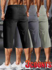 [Spring/Summer] 3 Pcs Men's Drawstring Quick-Drying High-Elasticity Solid-Color Sports Training Outdoor Knee-Length Pants With Zipper Pockets, Suitable For Fitness Sports Series - Nhiều màu - Xem 2