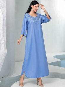 Hand-Embroidered Rhinestone Embellished Light Blue Casual Robe Robe, Suitable For EID Parties, Holidays, And Everyday Wear, Modest Kaftan