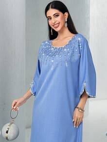 Hand-Embroidered Rhinestone Embellished Light Blue Casual Robe Robe, Suitable For EID Parties, Holidays, And Everyday Wear, Modest Kaftan