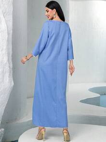 Hand-Embroidered Rhinestone Embellished Light Blue Casual Robe Robe, Suitable For EID Parties, Holidays, And Everyday Wear, Modest Kaftan