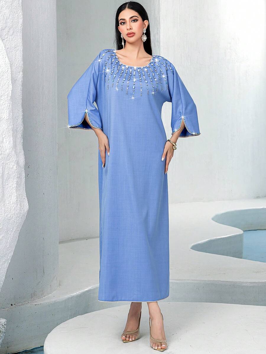 Hand-Embroidered Rhinestone Embellished Light Blue Casual Robe Robe, Suitable For EID Parties, Holidays, And Everyday Wear, Modest Kaftan