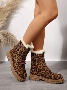 New Women Winter Thermal Lined Mid-Calf Warm Boots, Versatile Fashion Lace-Up Anti-Slip Thick Sole Boots